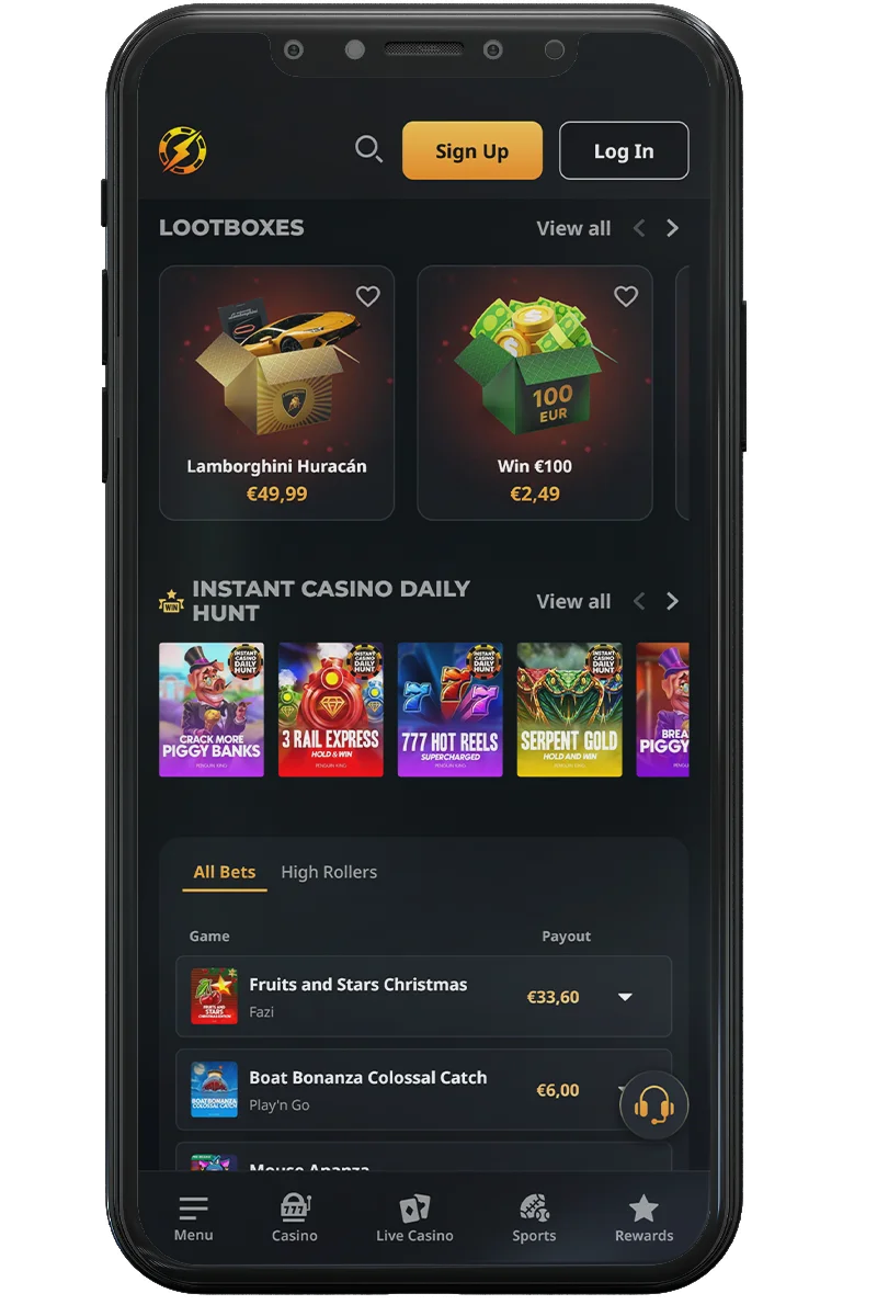 Screenshot van een online casino op een mobiele telefoon